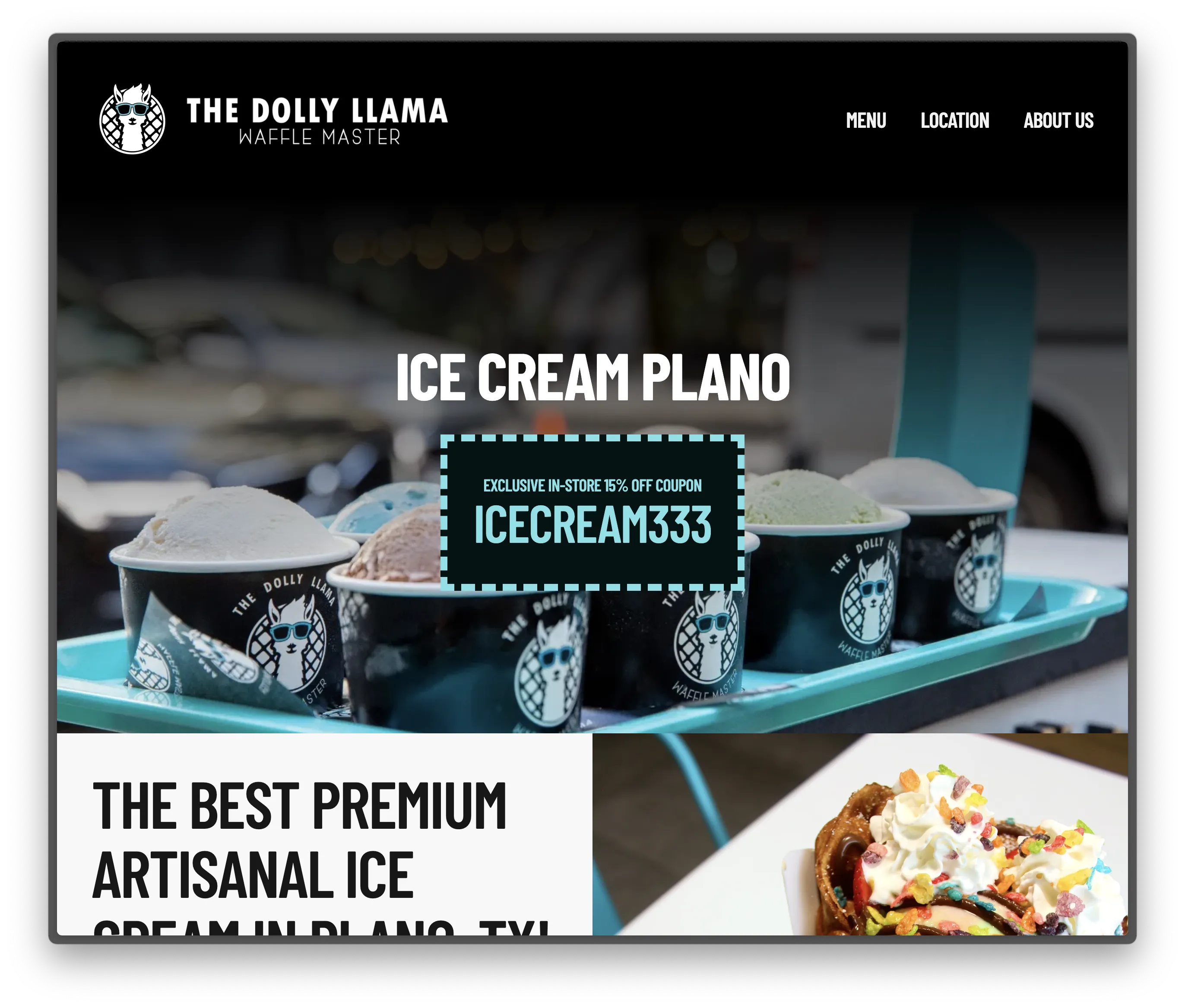 The Dolly Llama Plano homepage promoting a 15% discount over branded ice cream cups