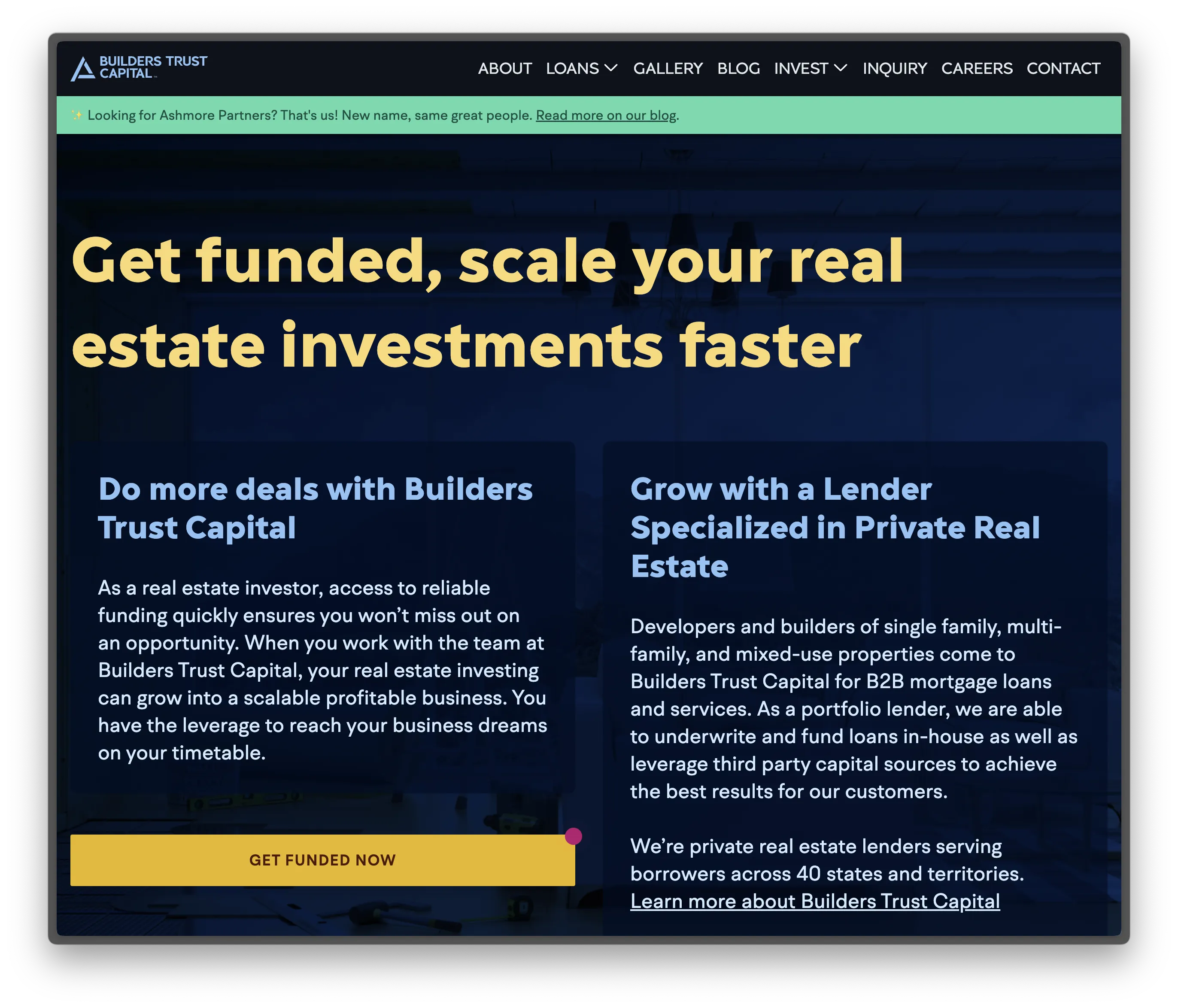 Builders Trust Capital homepage offering separate funding paths for real estate investors and developers