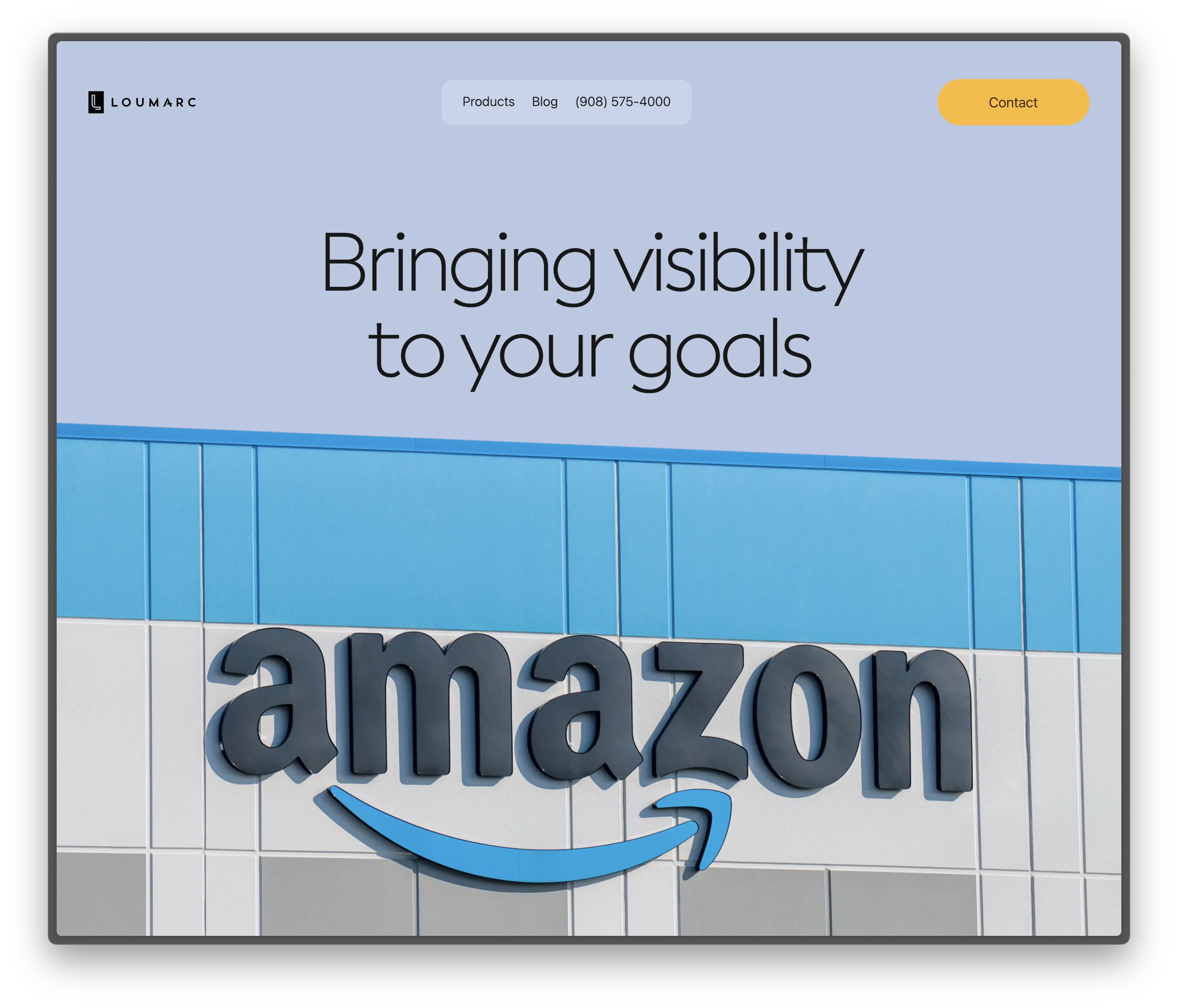 Loumarc Signs website pairing a visibility message with a blue-and-white Amazon storefront sign