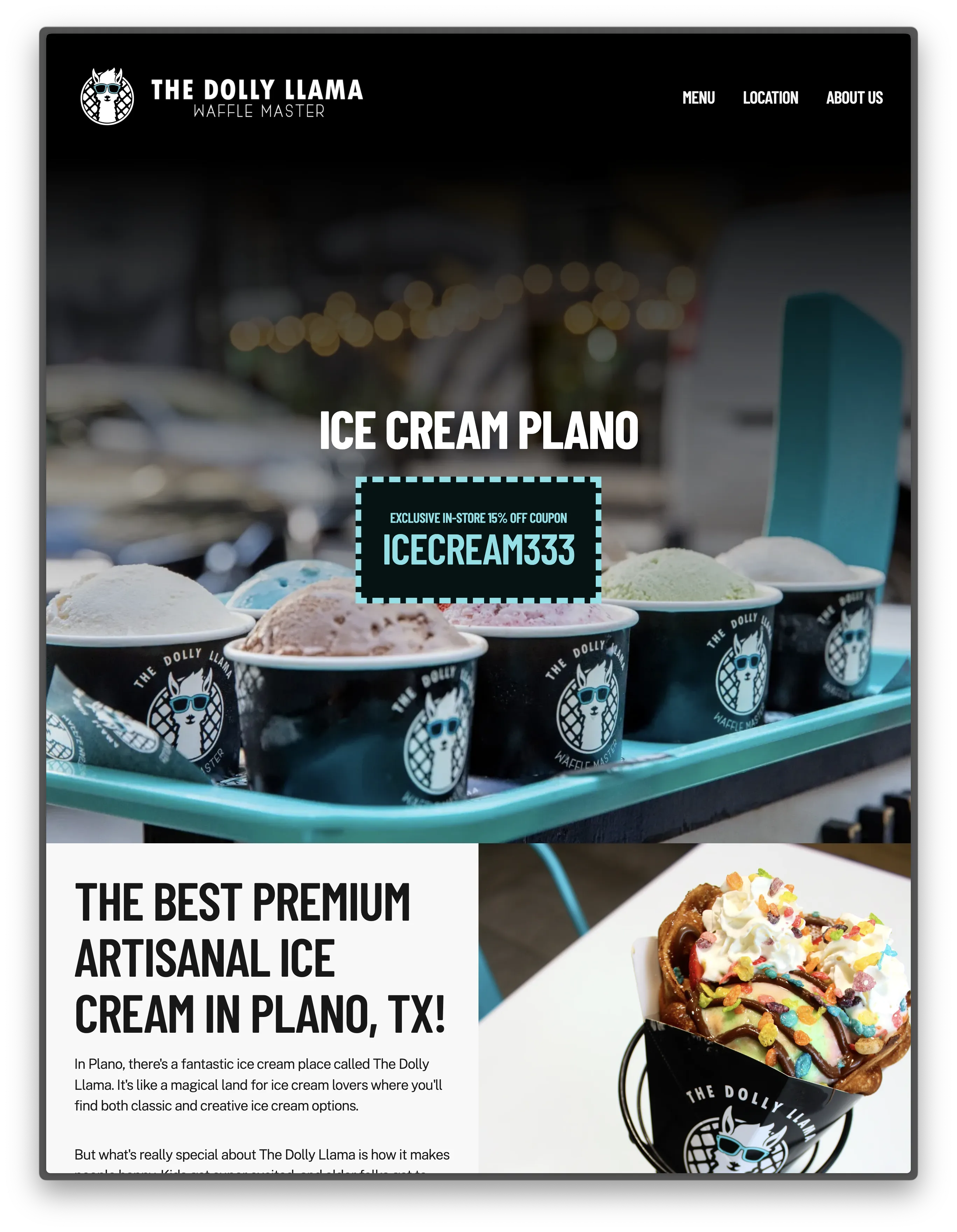 The Dolly Llama Plano homepage with a coupon over a tray of ice cream cups and a waffle dessert feature