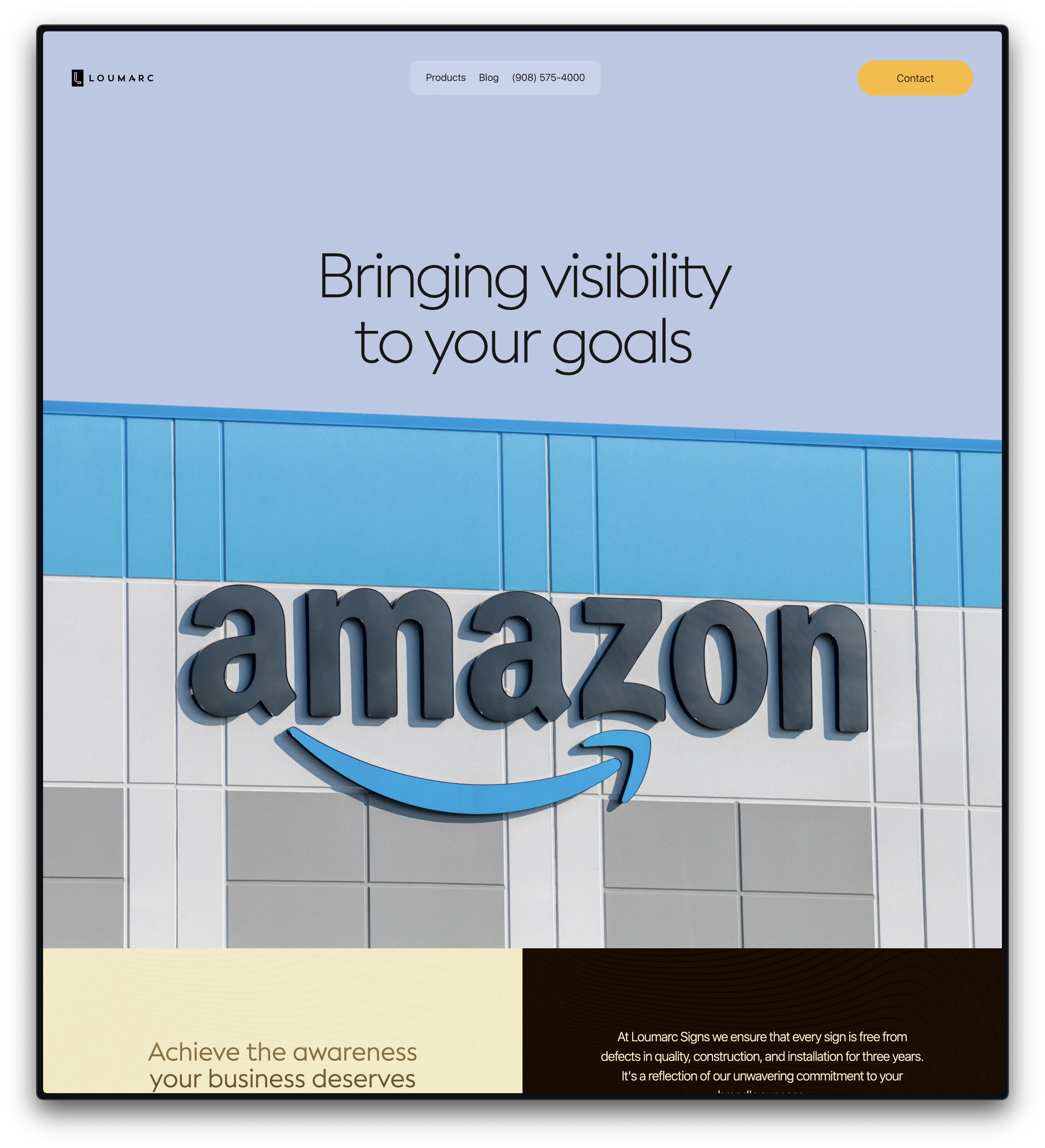 Loumarc Signs homepage pairing an Amazon storefront sign with contrasting service and quality panels
